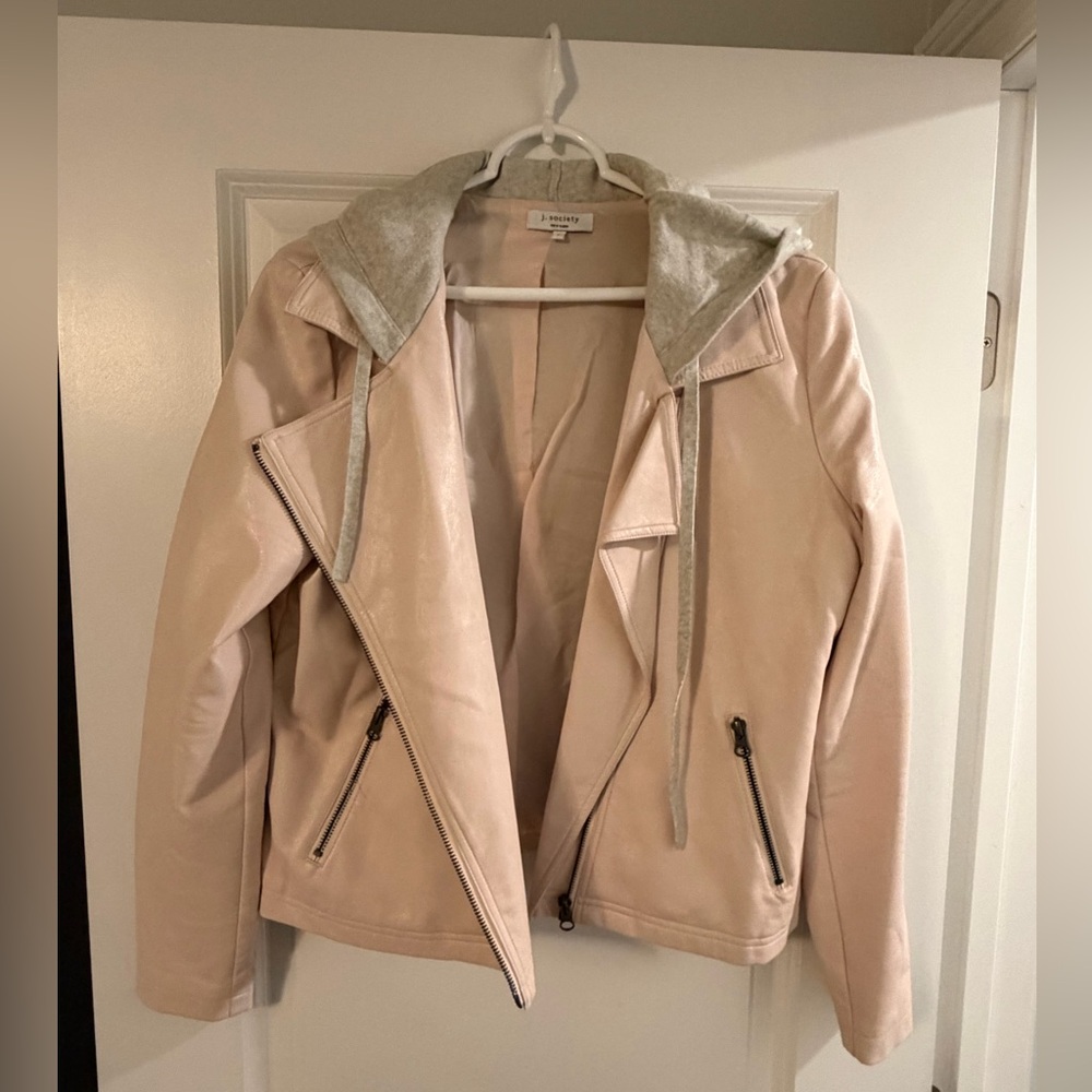 Women’s J Society leather jacket with zipper and hood. Size L